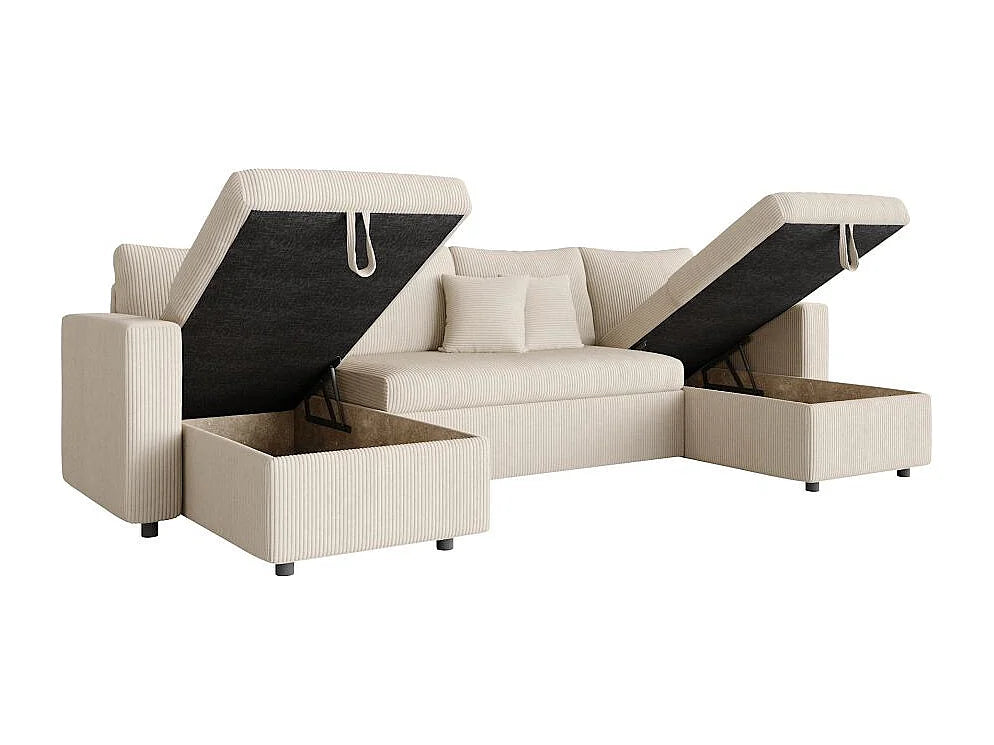 Canapé Panoramique d'Angle Convertible avec Coffre en Velours Beige 6 Places - MARIA