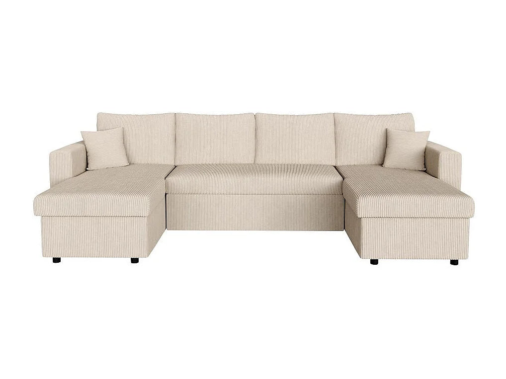 Canapé Panoramique d'Angle Convertible avec Coffre en Velours Beige 6 Places - MARIA