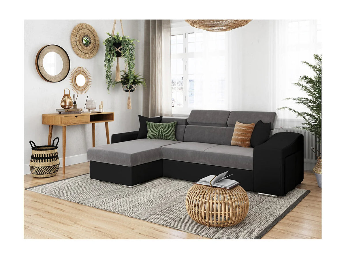 Canapé Panoramique d'Angle Convertible en Microfibre Noir / Gris 4 Places - ELONA