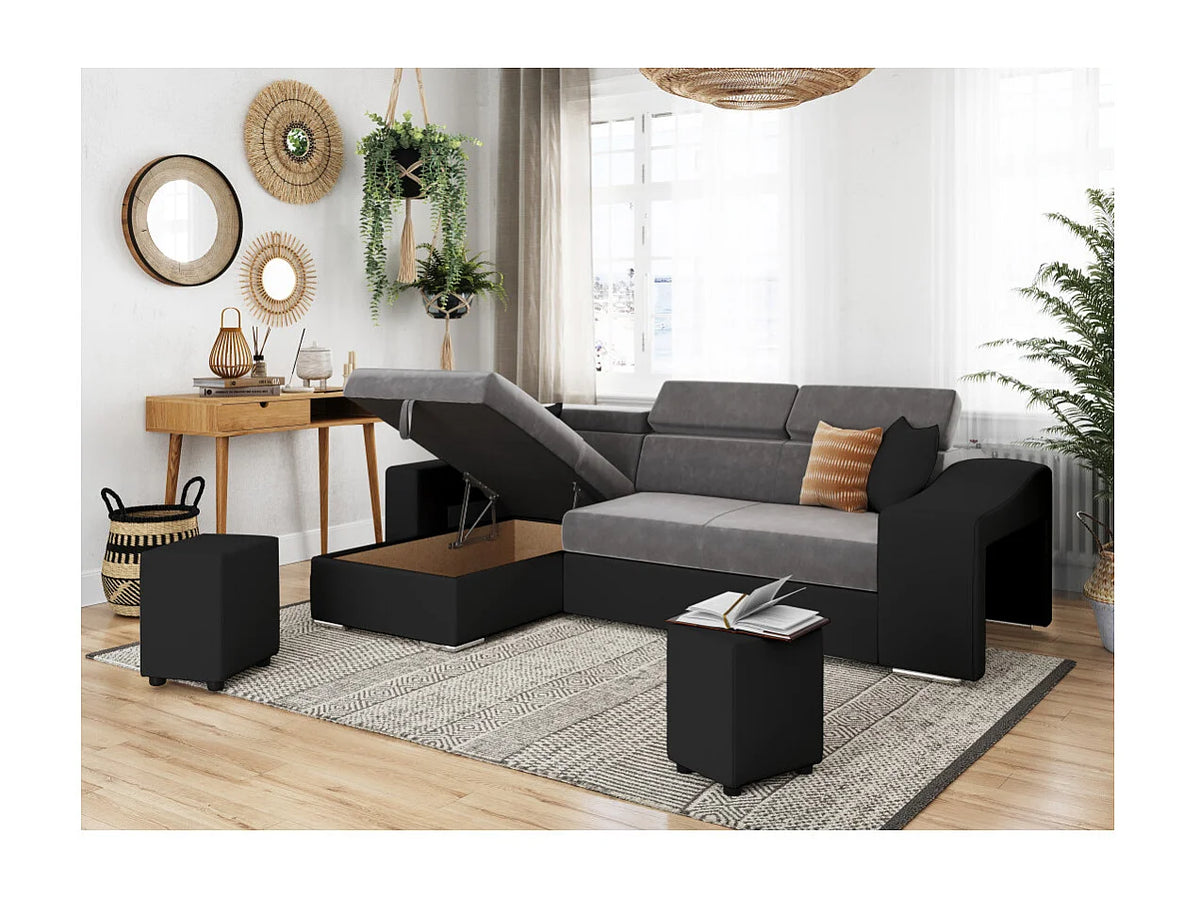 Canapé Panoramique d'Angle Convertible en Microfibre Noir / Gris 4 Places - ELONA