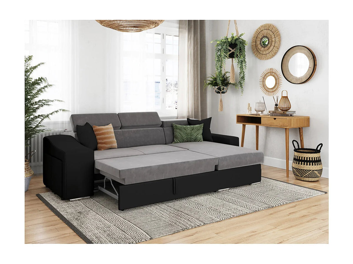 Canapé Panoramique d'Angle Convertible en Microfibre Noir / Gris 4 Places - ELONA