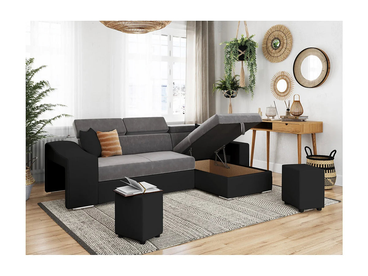 Canapé Panoramique d'Angle Convertible en Microfibre Noir / Gris 4 Places - ELONA