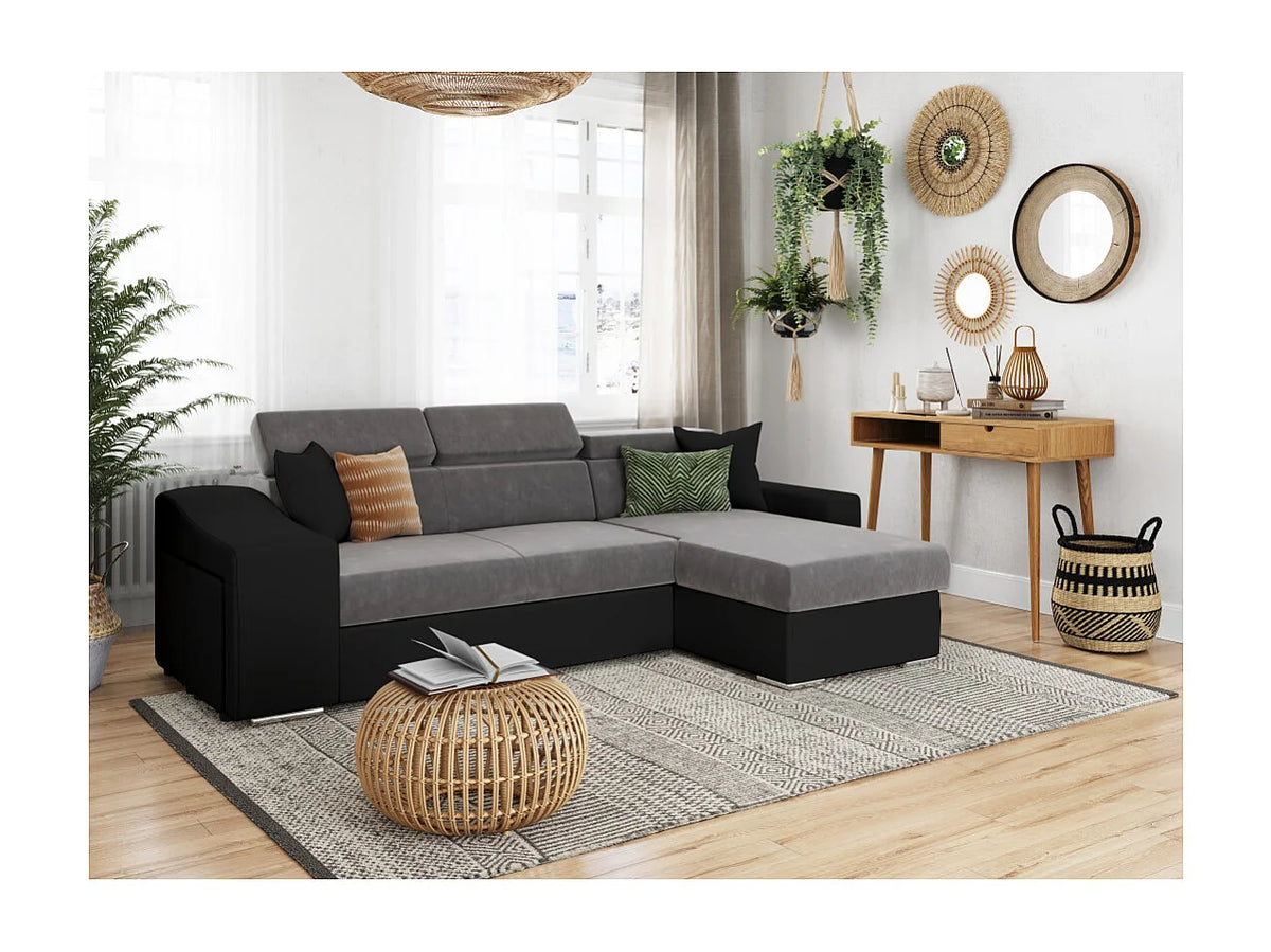 Canapé Panoramique d'Angle Convertible en Microfibre Noir / Gris 4 Places - ELONA