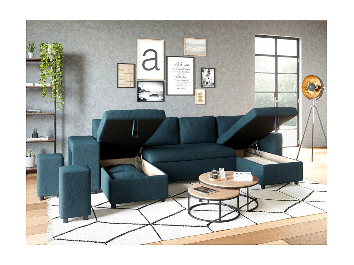 Canapé Panoramique d'Angle Convertible en Tissu Bleu 8 Places - OSLO