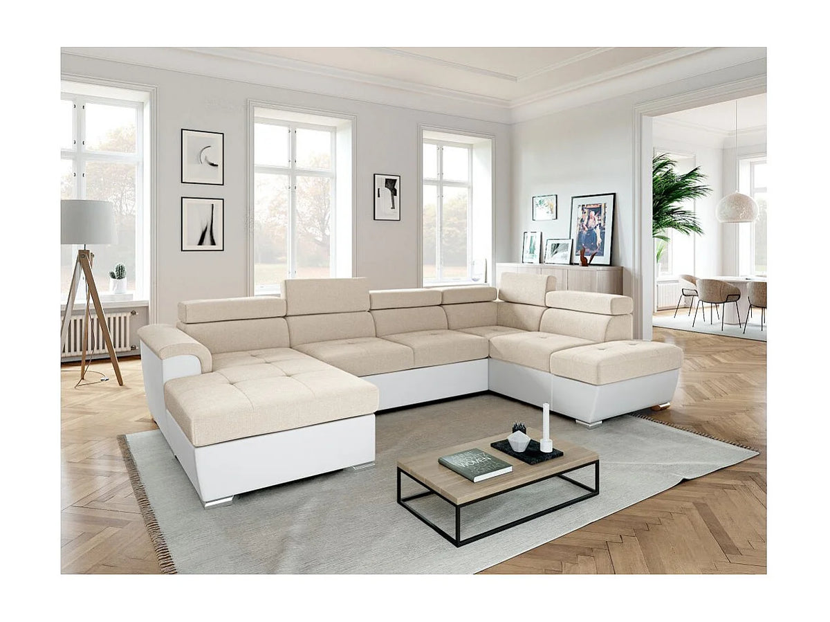 Canapé Panoramique d'Angle Convertible avec Coffre en Éco-cuir Beige 6 Places - PAOLA