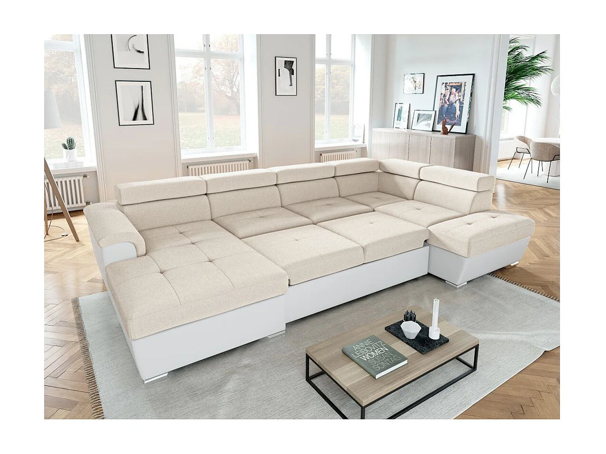 Canapé Panoramique d'Angle Convertible avec Coffre en Éco-cuir Beige 6 Places - PAOLA