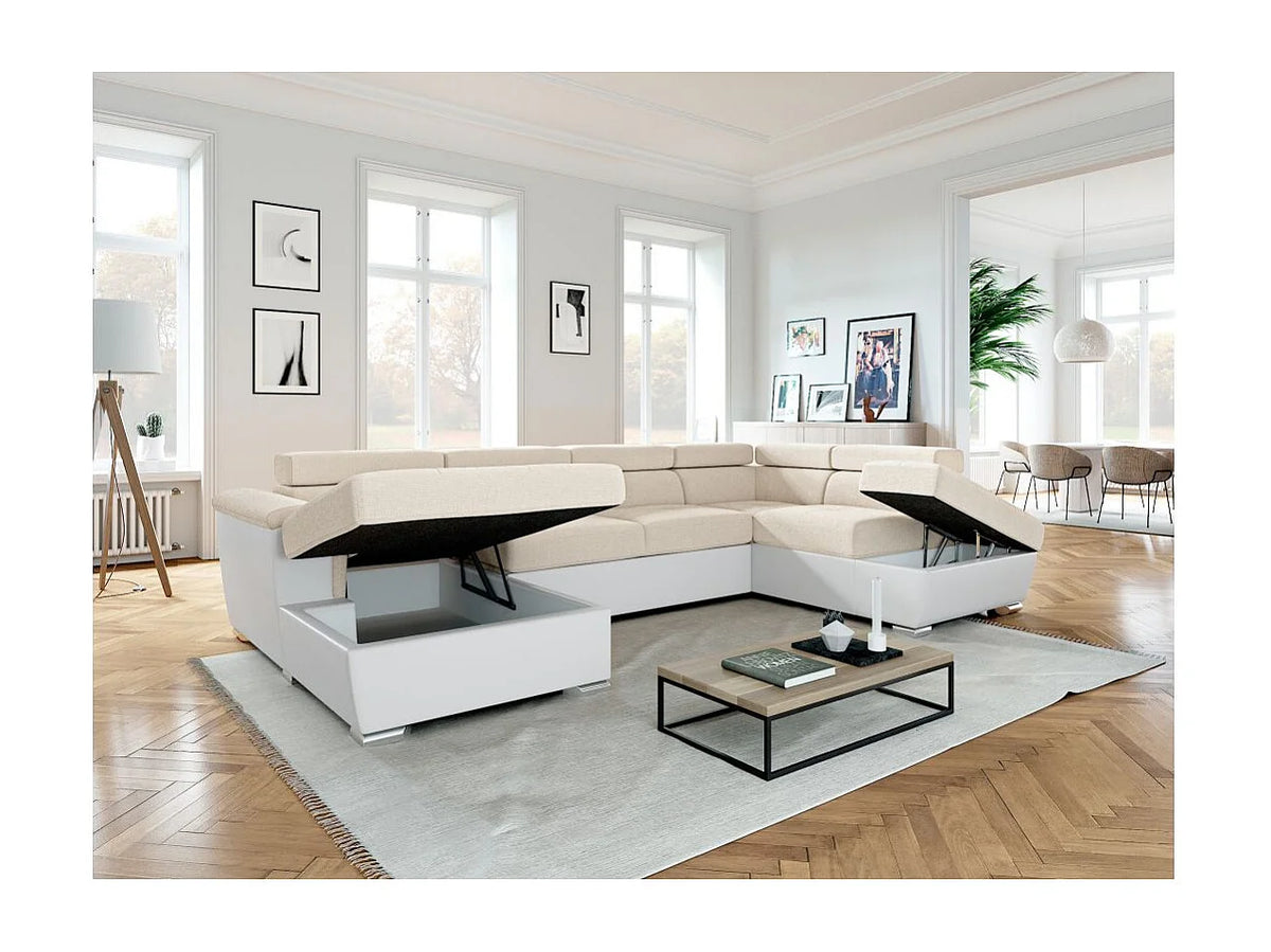 Canapé Panoramique d'Angle Convertible avec Coffre en Éco-cuir Beige 6 Places - PAOLA
