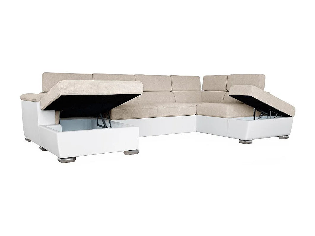 Canapé Panoramique d'Angle Convertible avec Coffre en Éco-cuir Beige 6 Places - PAOLA