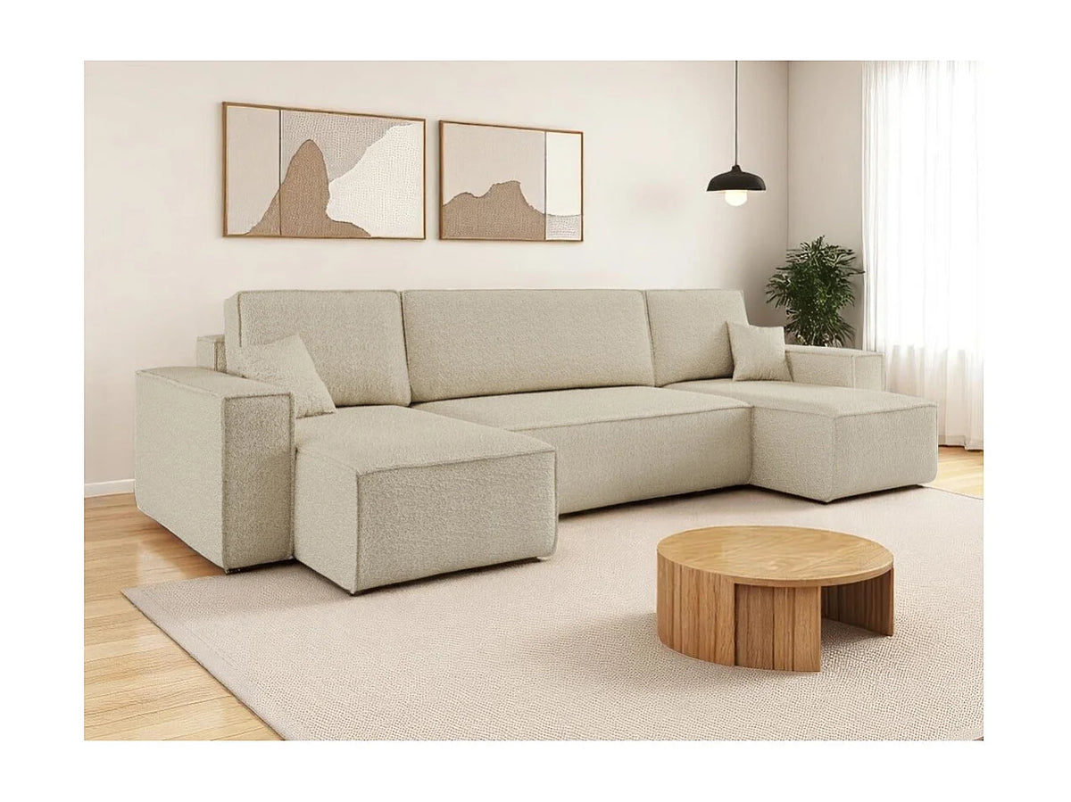 Canapé Panoramique d'Angle Convertible en Bouclette Beige 6 Places - FARAH