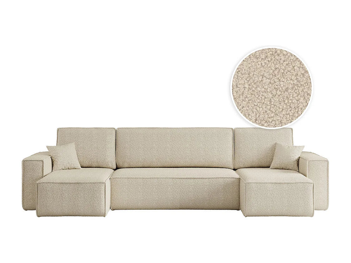 Canapé Panoramique d'Angle Convertible en Bouclette Beige 6 Places - FARAH