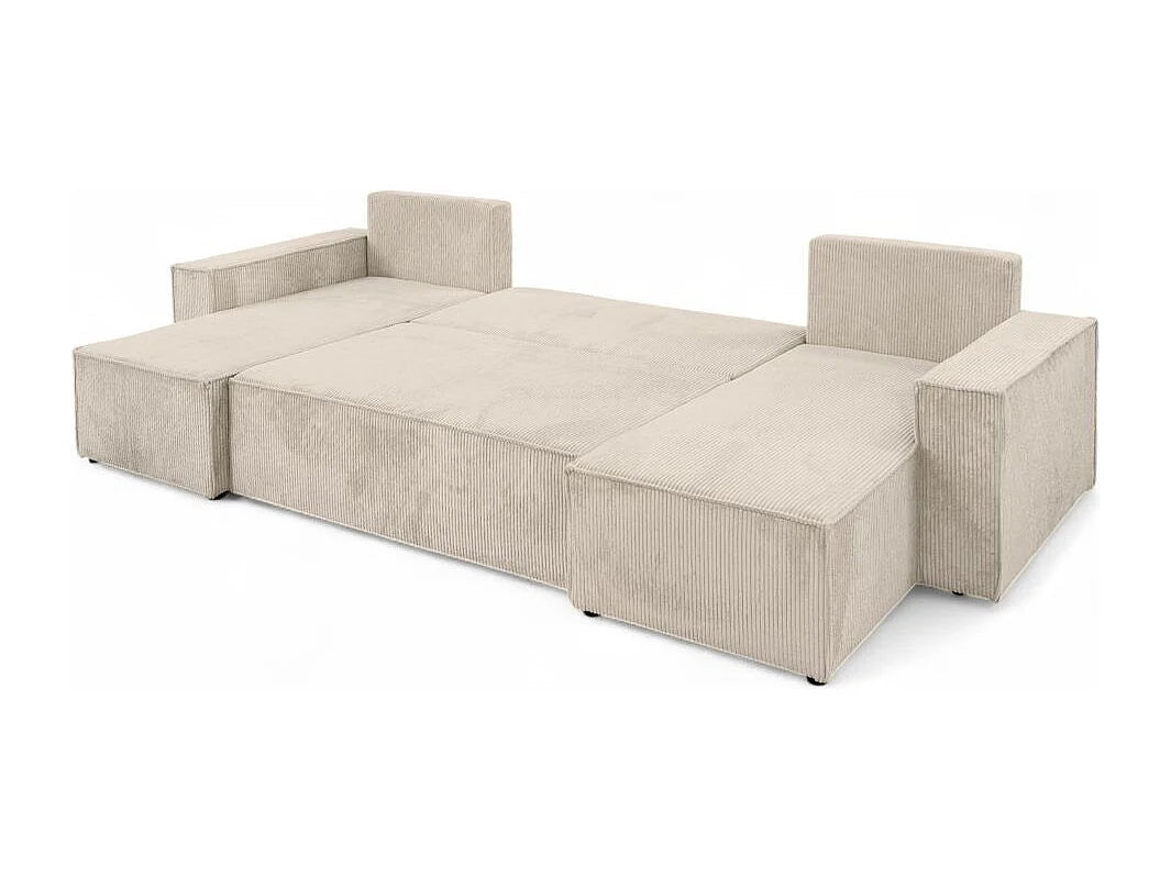Canapé Panoramique d'Angle Convertible en Velours Côtelé Beige 6 Places - FARAH