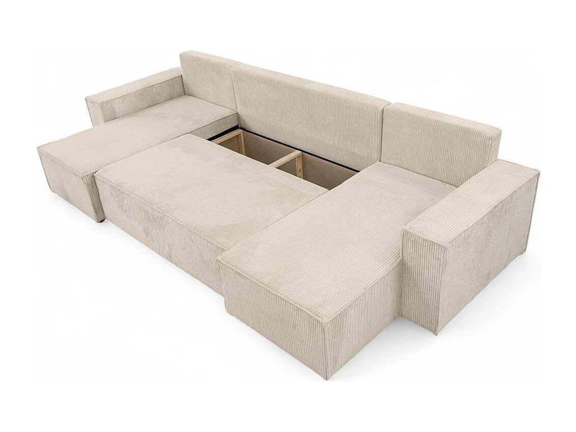 Canapé Panoramique d'Angle Convertible en Velours Côtelé Beige 6 Places - FARAH