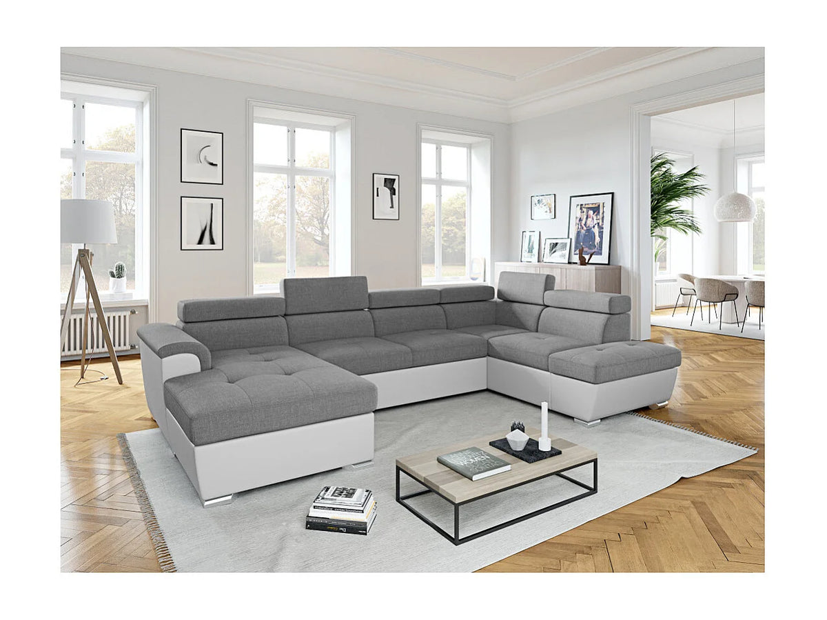 Canapé Panoramique d'Angle Convertible en Éco-cuir Gris / Blanc 6 Places - PAOLA (Réf. 1453)
