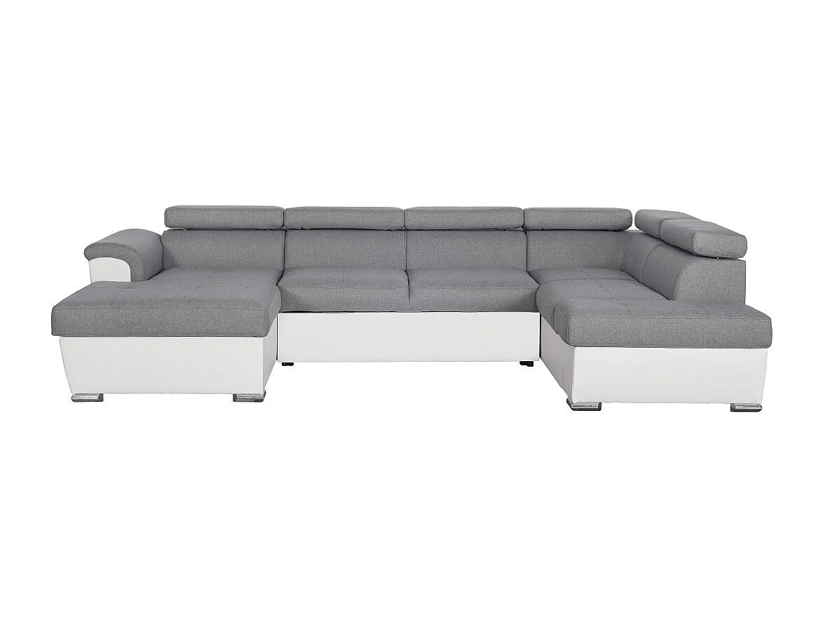 Canapé Panoramique d'Angle Convertible en Éco-cuir Gris / Blanc 6 Places - PAOLA (Réf. 1453)