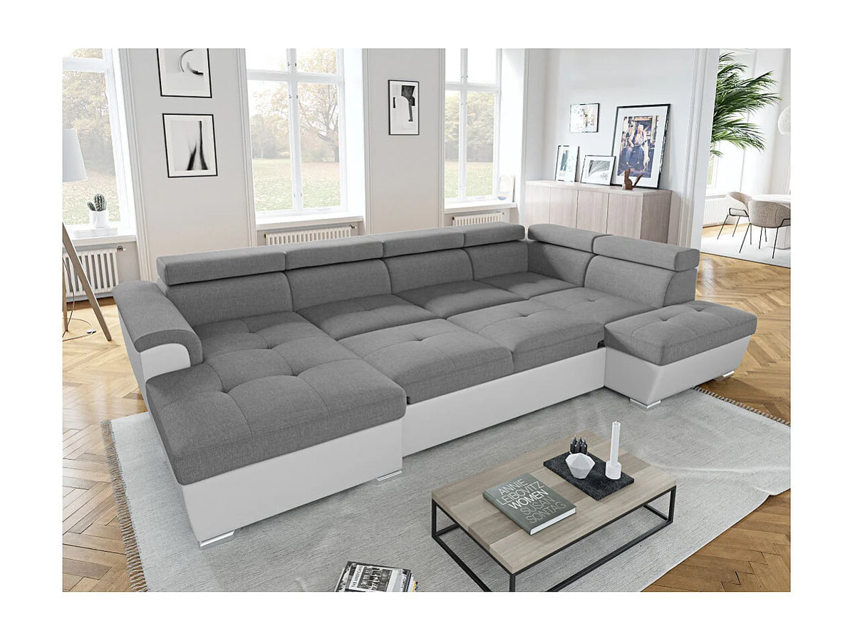 Canapé Panoramique d'Angle Convertible en Éco-cuir Gris / Blanc 6 Places - PAOLA (Réf. 1453)