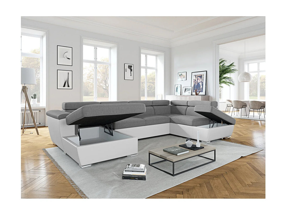 Canapé Panoramique d'Angle Convertible en Éco-cuir Gris / Blanc 6 Places - PAOLA (Réf. 1453)