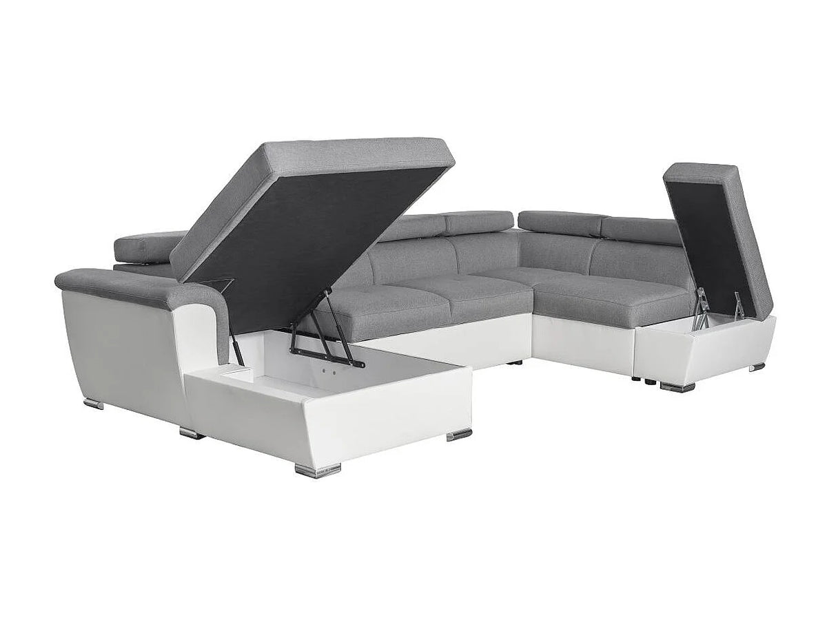 Canapé Panoramique d'Angle Convertible en Éco-cuir Gris / Blanc 6 Places - PAOLA (Réf. 1453)