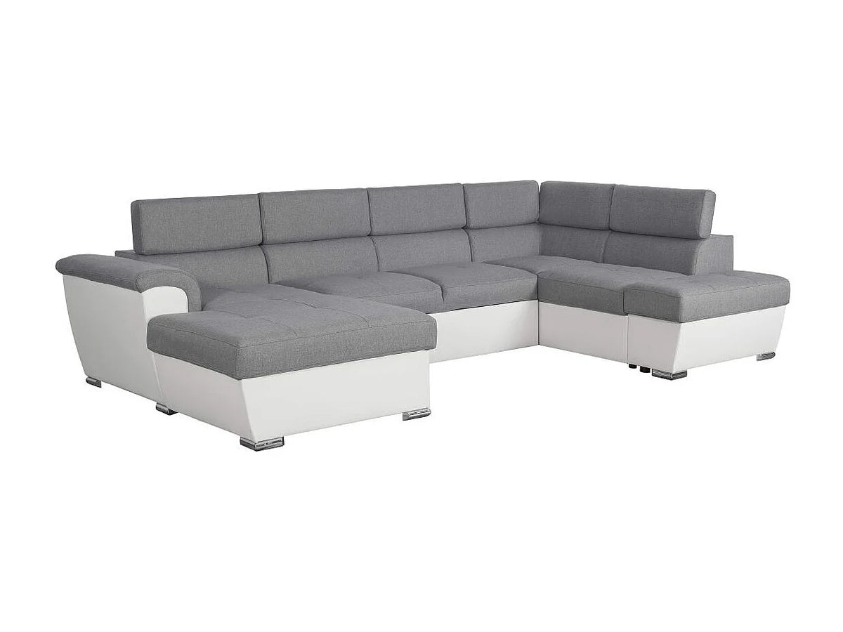 Canapé Panoramique d'Angle Convertible en Éco-cuir Gris / Blanc 6 Places - PAOLA (Réf. 4268)
