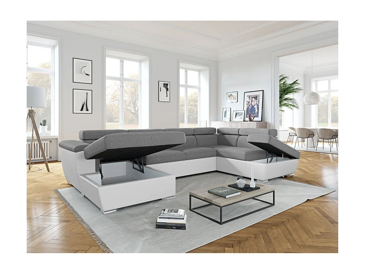 Canapé Panoramique d'Angle Convertible en Éco-cuir Gris / Blanc 6 Places - PAOLA (Réf. 4268)