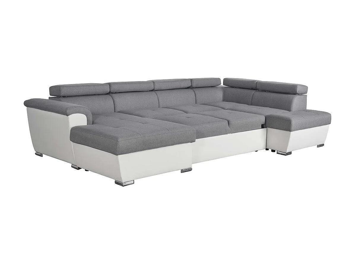 Canapé Panoramique d'Angle Convertible en Éco-cuir Gris / Blanc 6 Places - PAOLA (Réf. 4268)