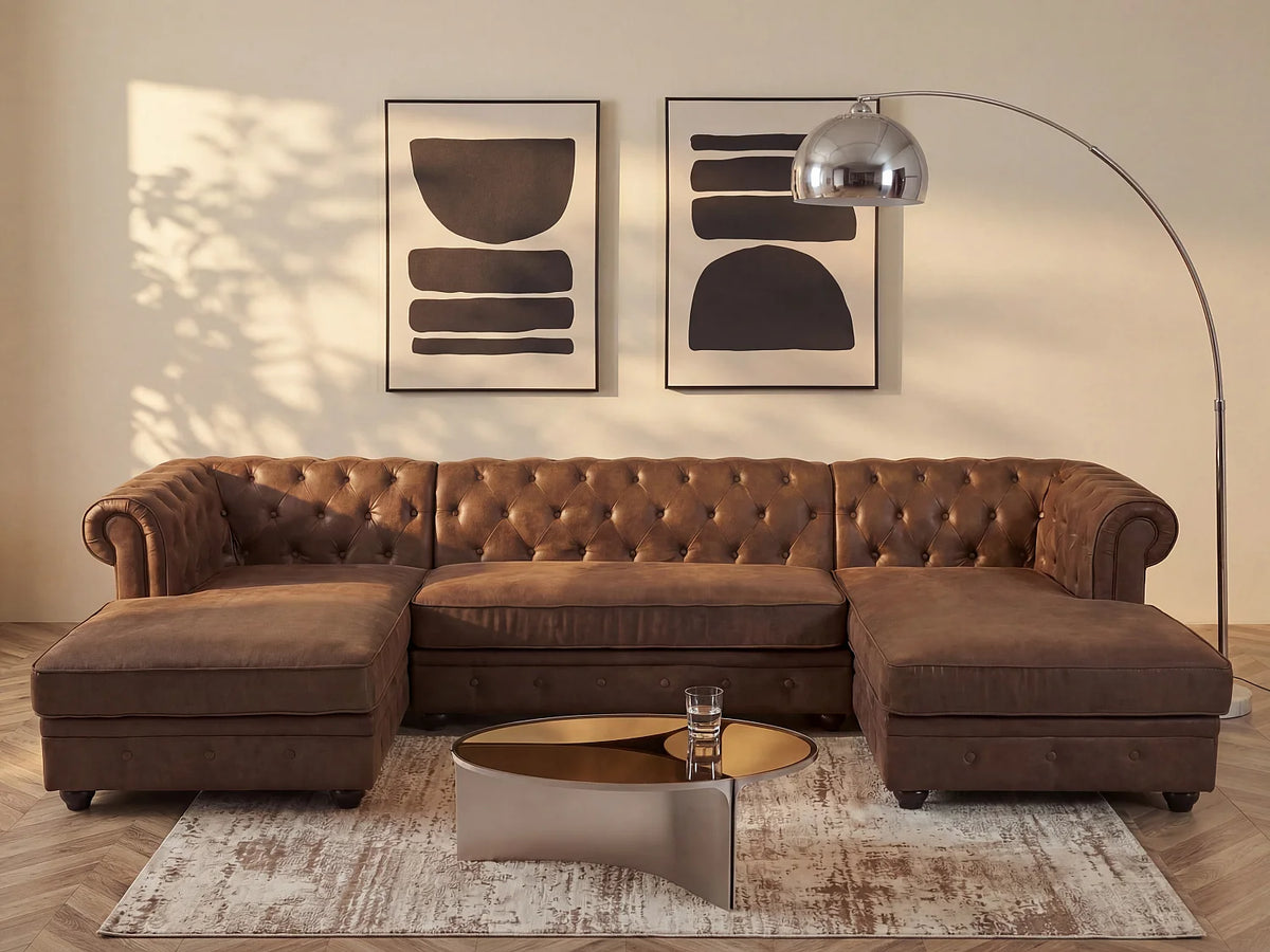 Canapé Panoramique d'Angle en Microfibre Marron - CHESTERFIELD