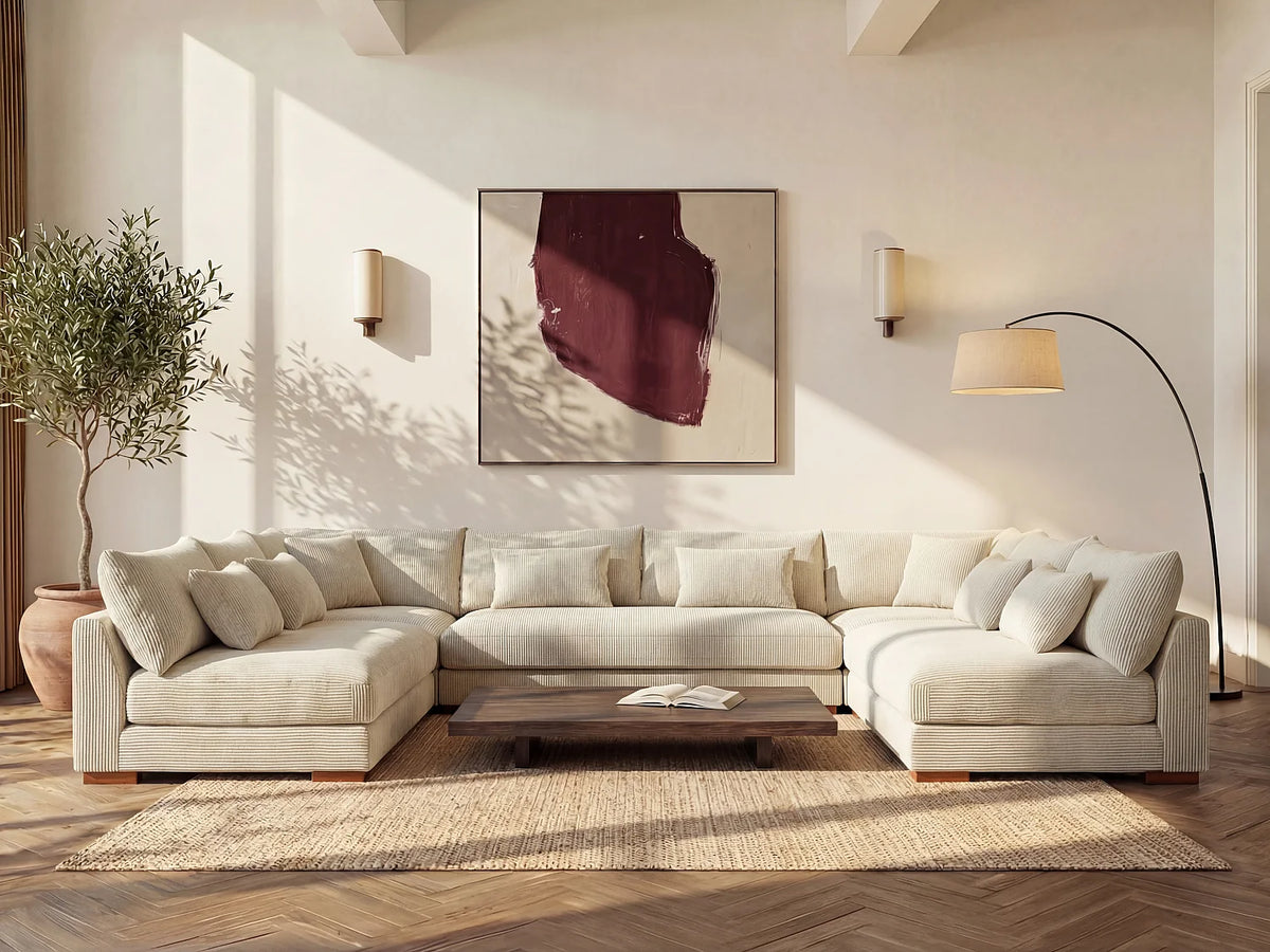 Canapé Panoramique d'Angle XXL en Velours Côtelé Beige - SPERONE