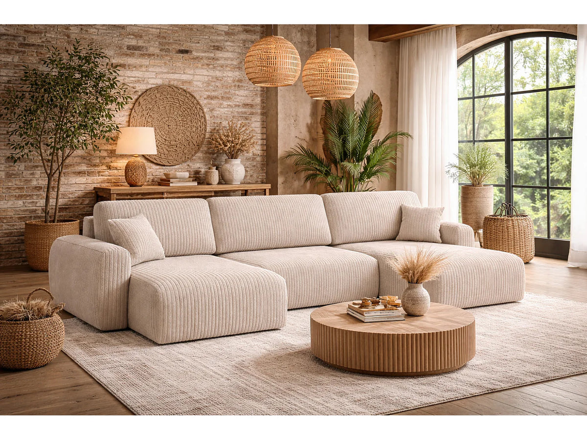 Canapé Panoramique d'Angle XXL Convertible avec Coffre en Tissu Beige 6 Places - ARIEL