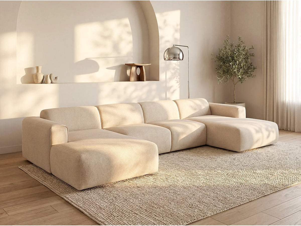 Canapé Panoramique d'Angle XXL Convertible en Tissu Beige - POGNI
