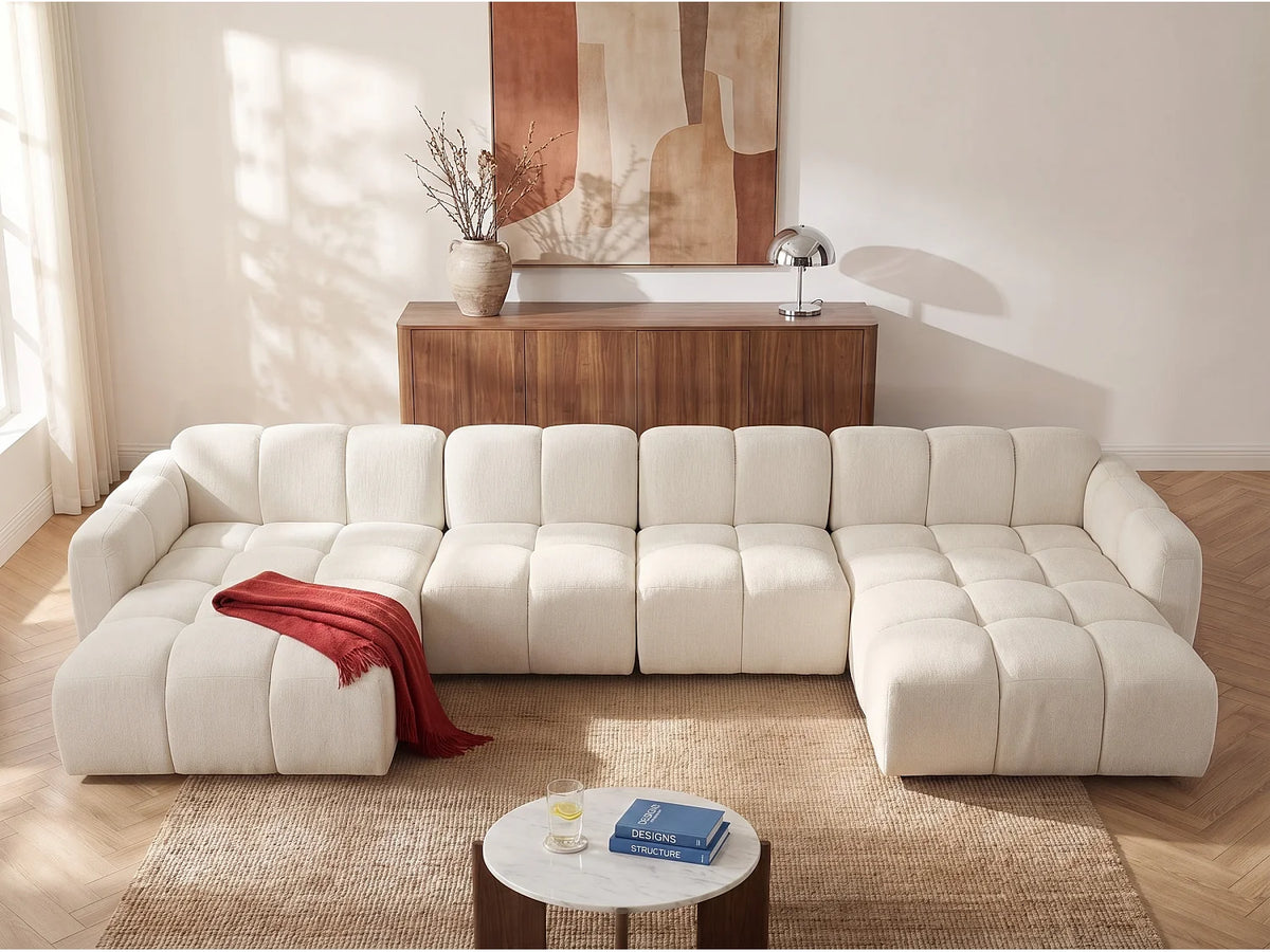 Canapé Panoramique d'Angle XXL Modulable en Tissu Blanc cassé - CARLIVI