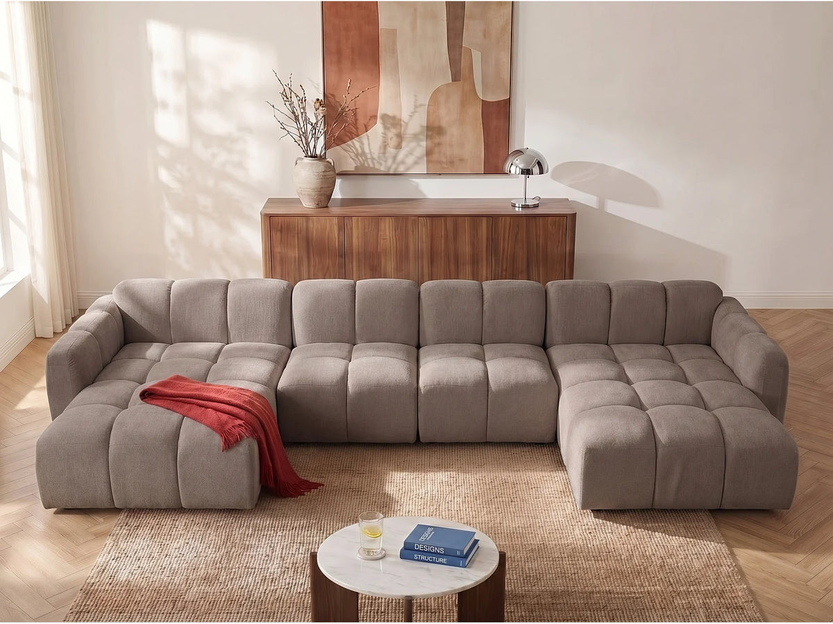 Canapé Panoramique d'Angle XXL Modulable en Tissu Taupe - CARLIVI