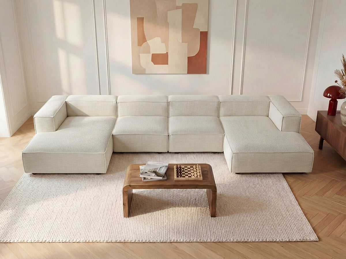 Canapé Panoramique d'Angle XXL Modulable en Velours Côtelé Beige - RUZOLO