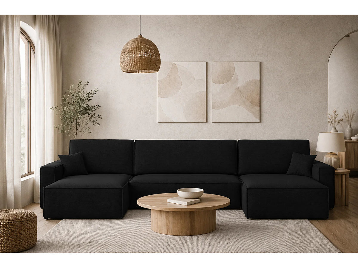 Canapé Panoramique d'Angle XXL avec Coffre en Tissu Noir 6 Places - BEST