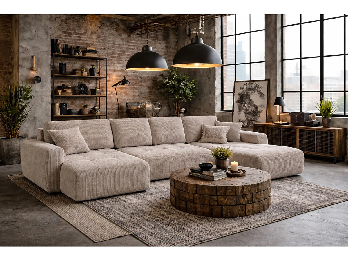 Canapé Panoramique d'Angle XXL Convertible avec Coffre en Velours Taupe 5 Places - IVO
