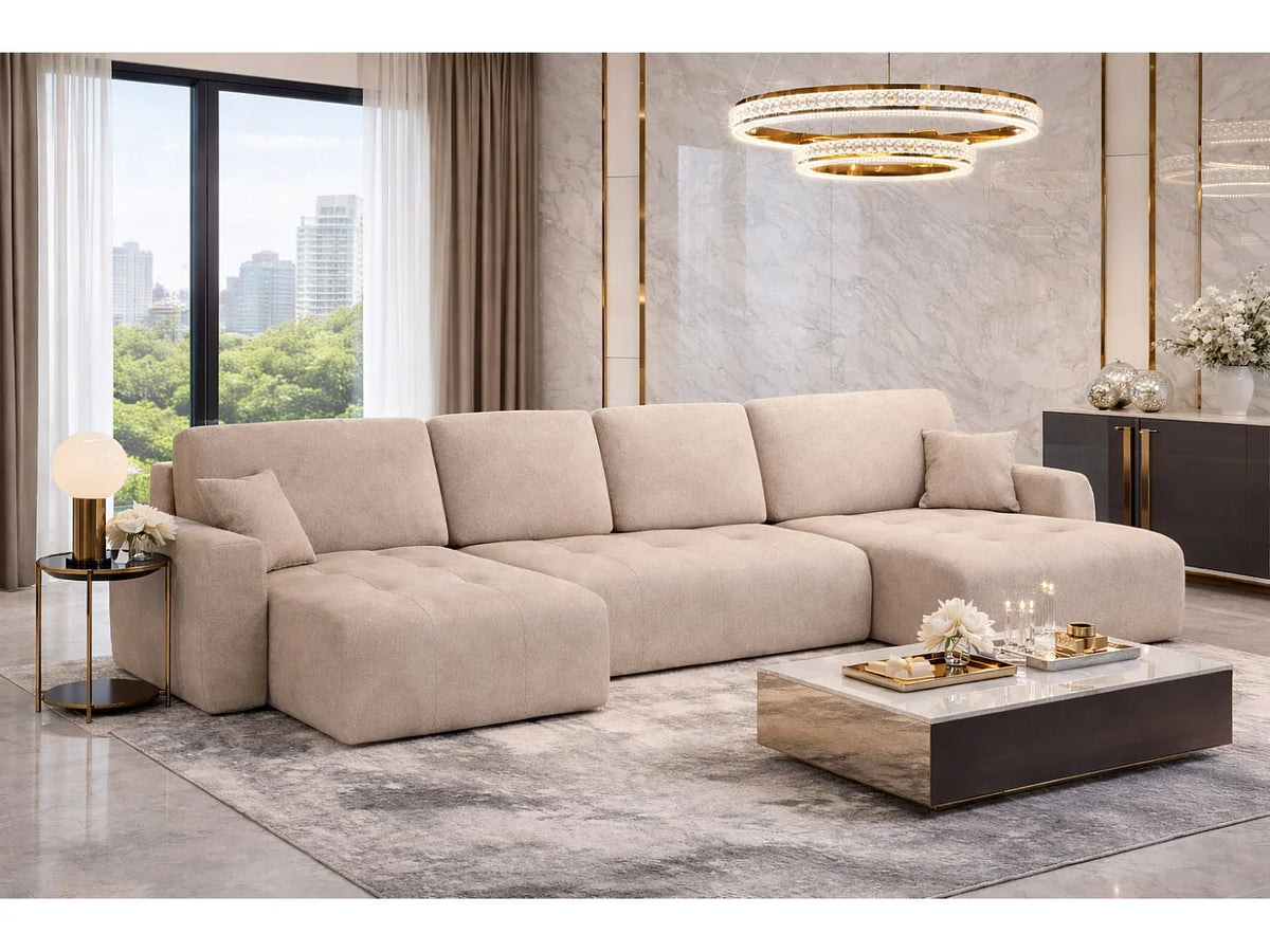 Canapé Panoramique d'Angle XXL Convertible avec Coffre en Velours Beige 5 Places - IVO