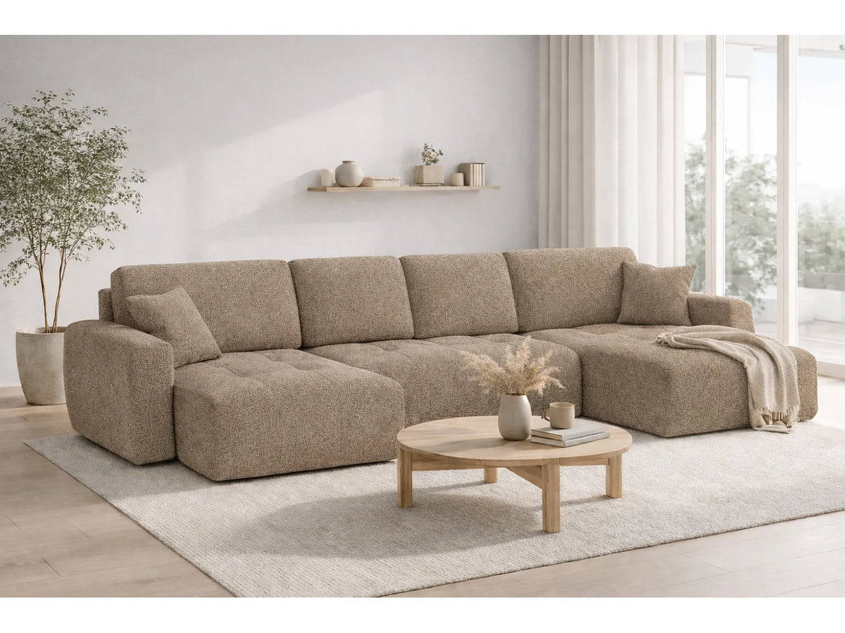 Canapé Panoramique d'Angle XXL Convertible avec Coffre en Tissu Beige 5 Places - IVO