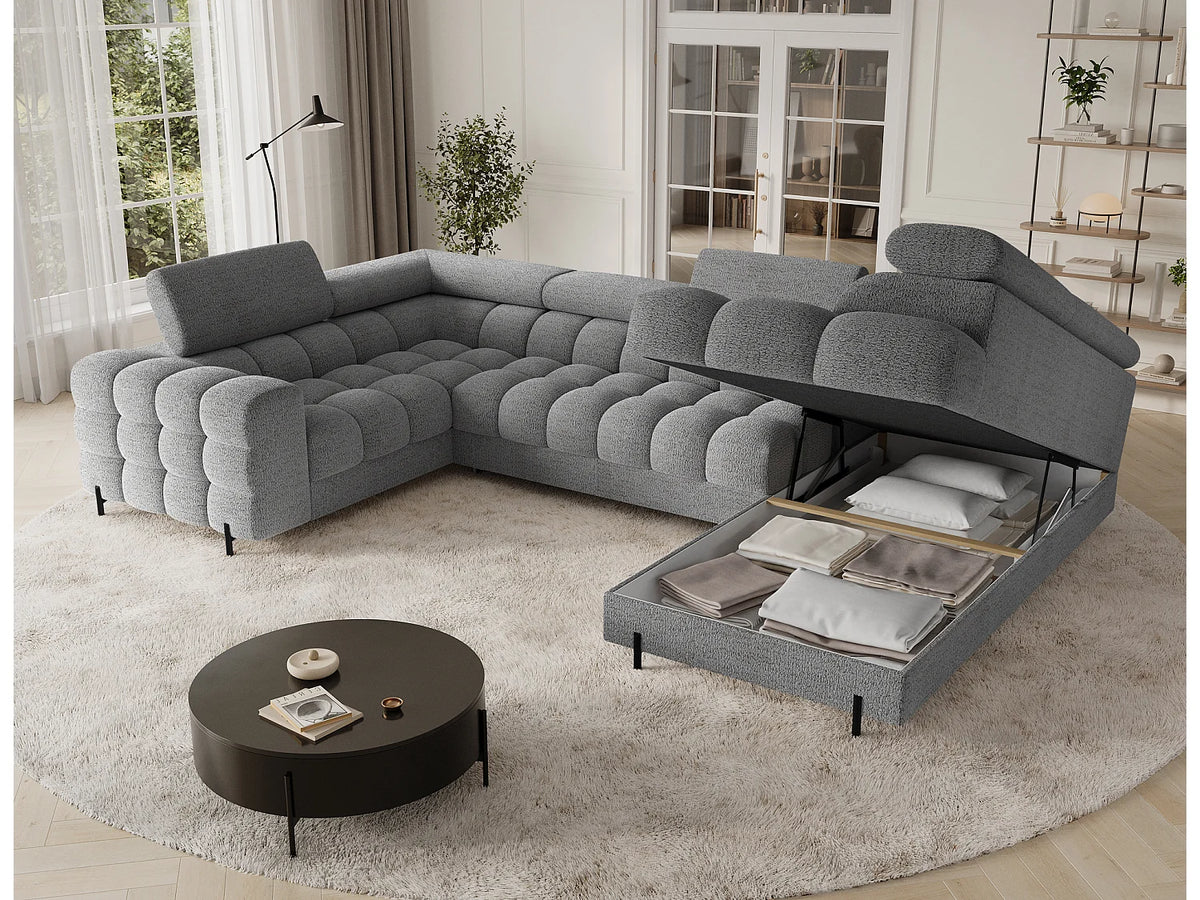 Canapé Panoramique d'Angle Convertible avec Coffre en Tissu Gris 5 Places - KARBON