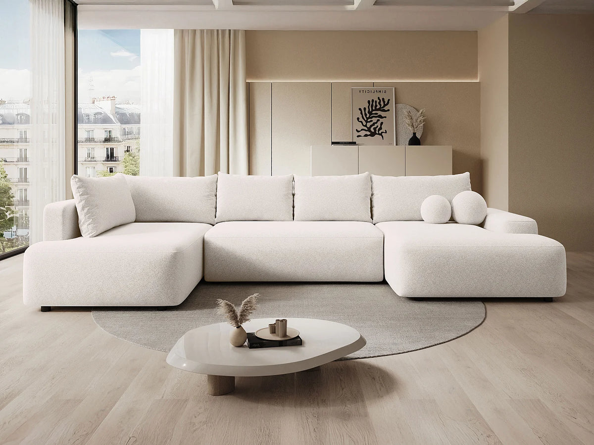 Canapé Panoramique d'Angle Droit XXL Convertible en Tissu Crème - DAVISO