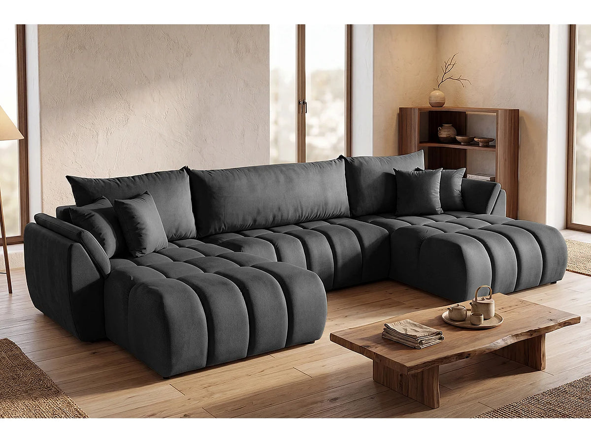 Canapé Panoramique d'Angle XXL en Tissu Gris 5 Places - MONOLITH
