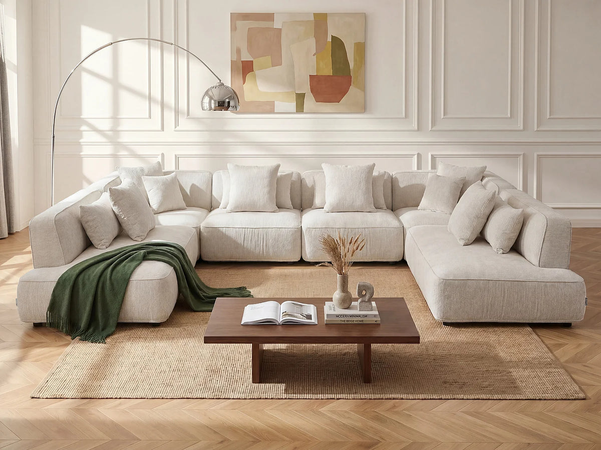 Canapé Panoramique d'Angle XXL Modulable en Chenille Beige - LELACO