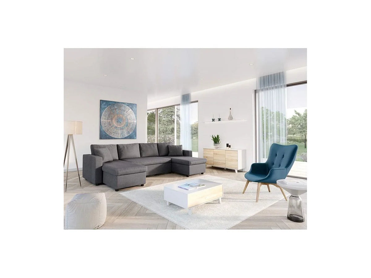Canapé Panoramique d'Angle Convertible avec Coffre en Tissu Gris anthracite 6 Places - LOUNGITUDE