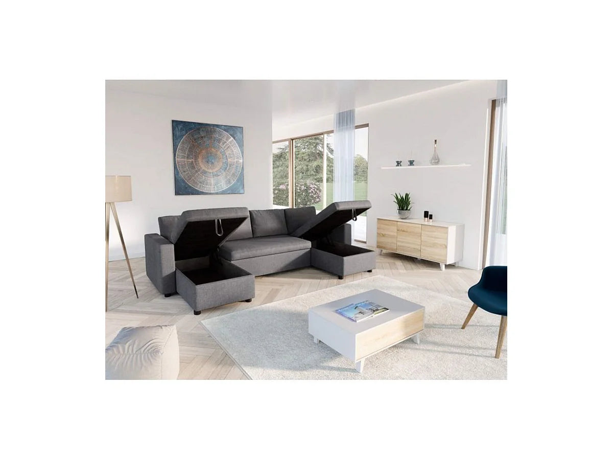Canapé Panoramique d'Angle Convertible avec Coffre en Tissu Gris anthracite 6 Places - LOUNGITUDE
