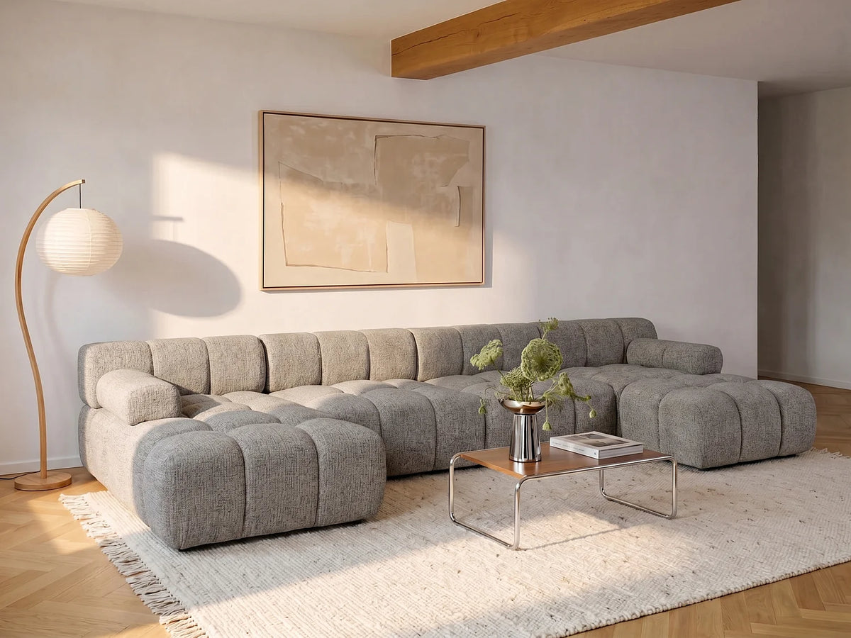 Canapé Panoramique d'Angle XXL Modulable en Tissu Taupe - FACIVIL