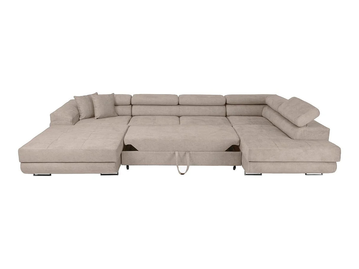 Canapé Panoramique d'Angle Convertible avec Coffre en Tissu Taupe 6 Places - FLAVIO