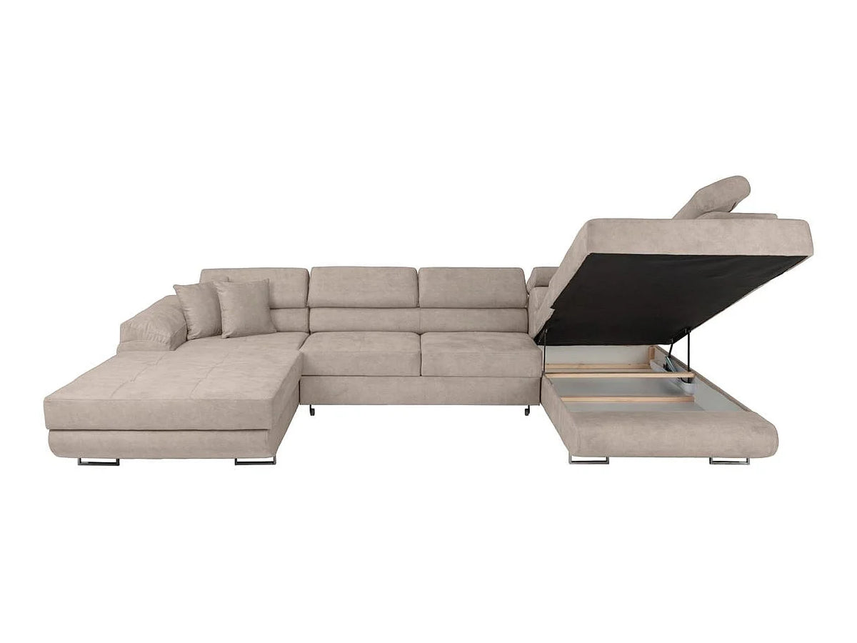 Canapé Panoramique d'Angle Convertible avec Coffre en Tissu Taupe 6 Places - FLAVIO