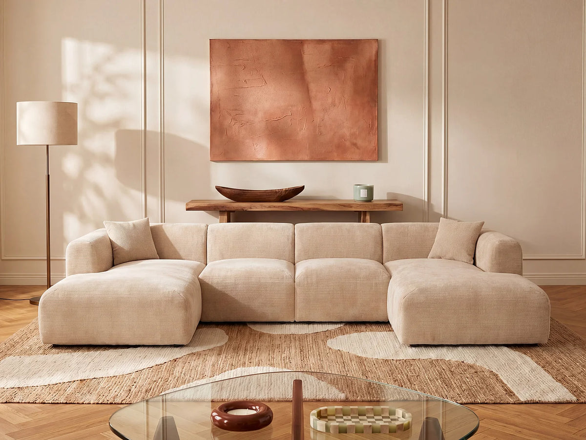 Canapé Panoramique d'Angle XXL Modulable en Velours Côtelé Beige - POGNI