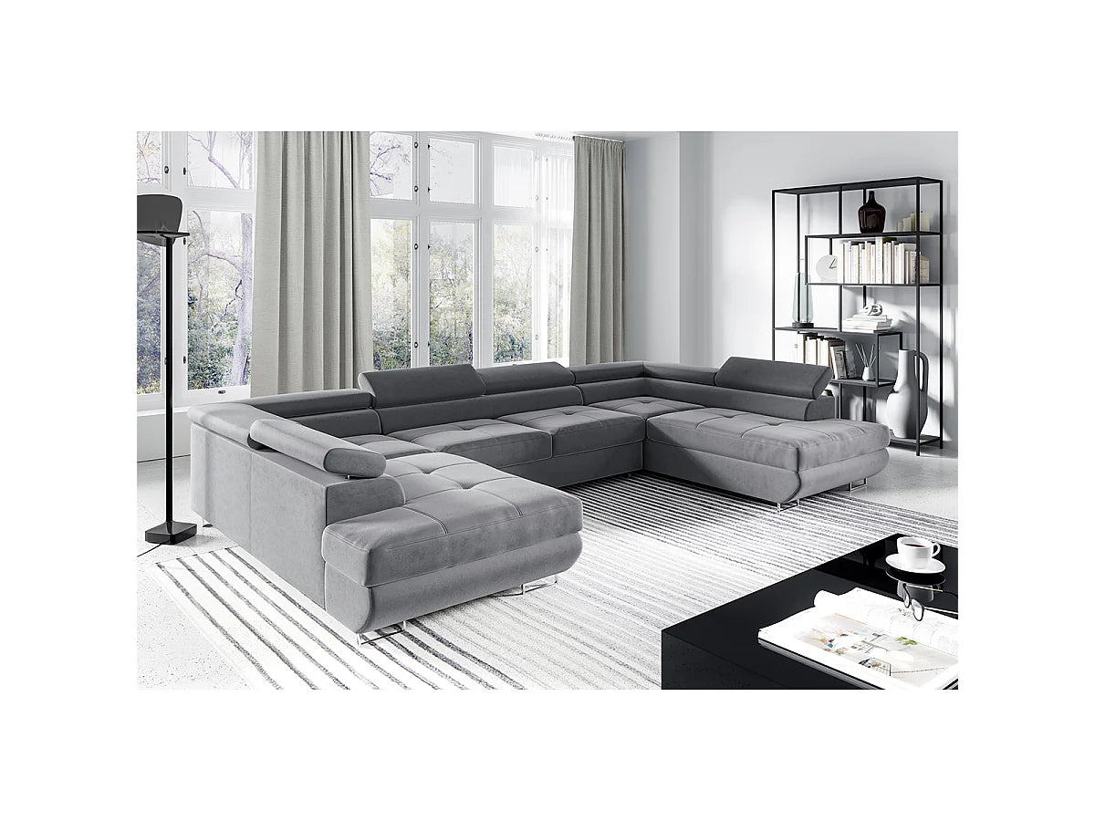 Canapé Panoramique d'Angle Convertible avec Coffre en Velours Gris 5 Places - WILSON