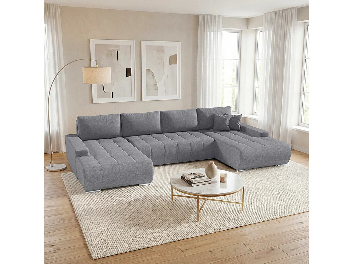Canapé Panoramique d'Angle XXL Convertible en Tissu Gris 5 Places - JONAS