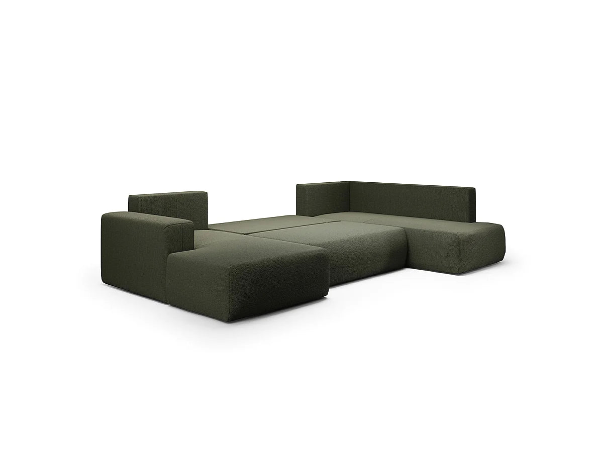 Canapé Panoramique d'Angle Convertible avec Coffre en Tissu Vert Sapin 5 Places - BLISS