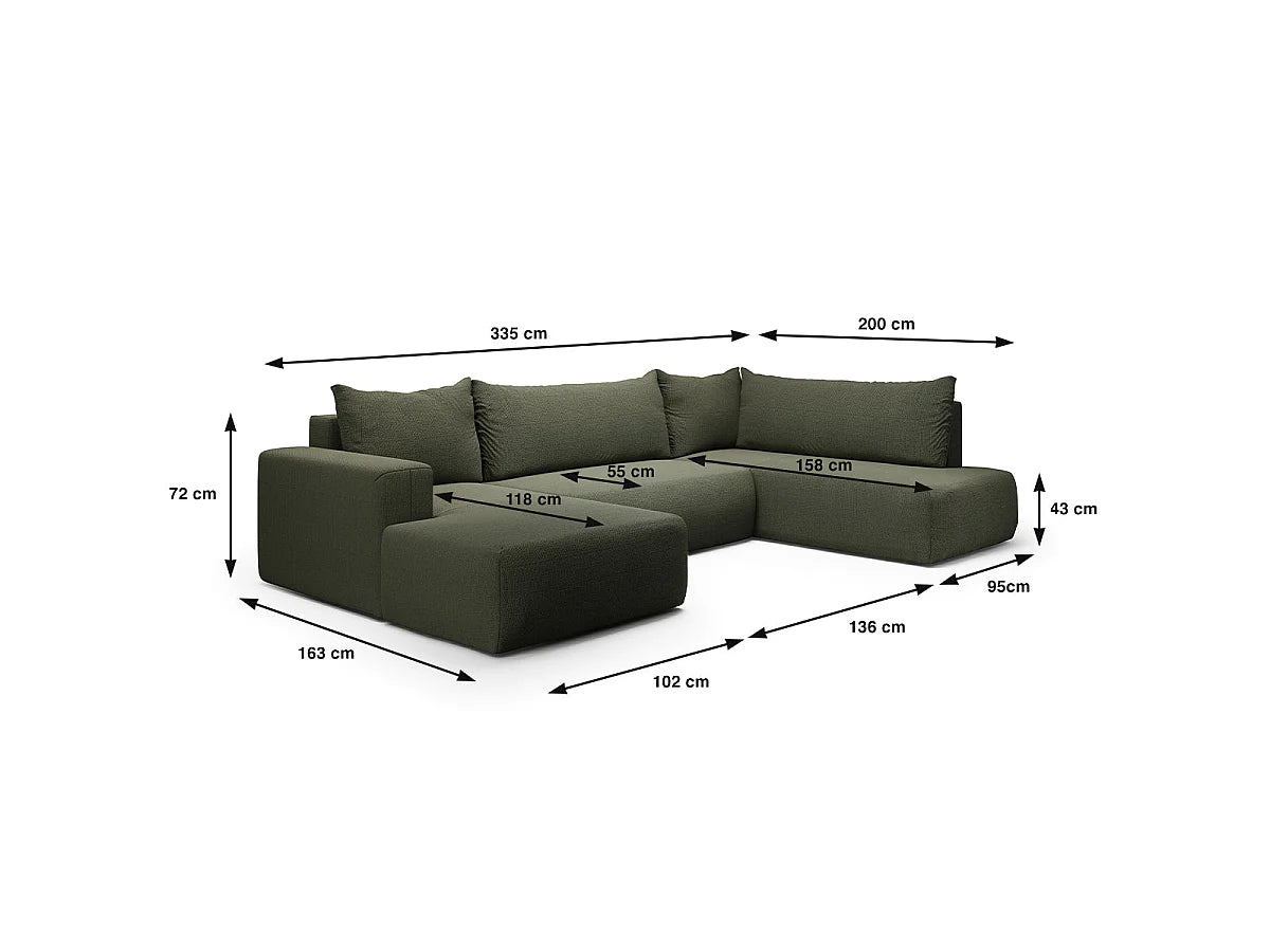 Canapé Panoramique d'Angle Convertible avec Coffre en Tissu Vert Sapin 5 Places - BLISS