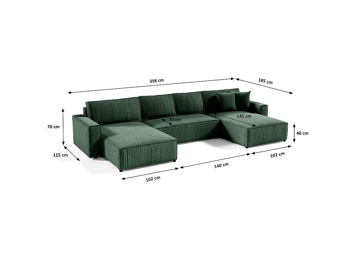 Canapé Panoramique d'Angle XXL Convertible avec Coffre en Velours Vert Sapin 5 Places - ISAAC